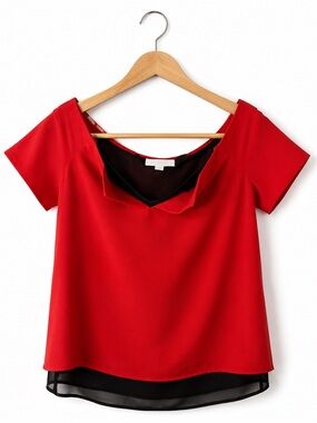 Cooper & Ella Red Black Trim Cowl Neck Blouse Small Short Sleeve Career Top